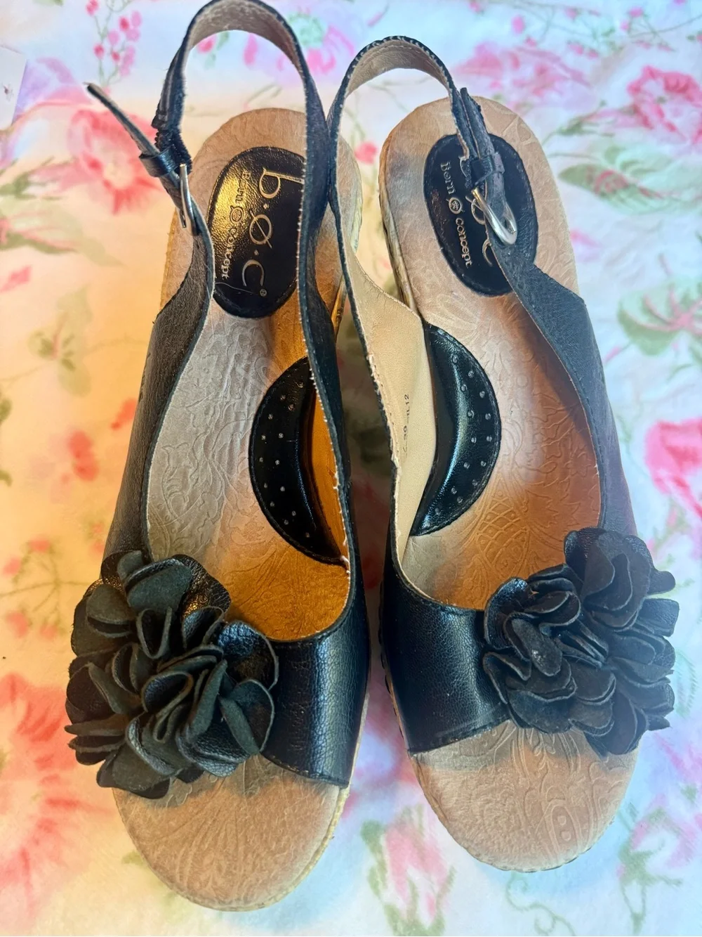 b.o.c. Black Floral Accent Wedge Sandals